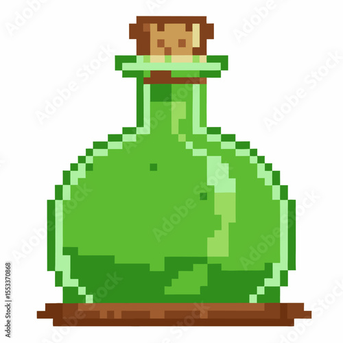 Retro pixel art green potion bottle with cork stopper vintage fantasy elixir container, 8 bit alchemy icon isolated on white