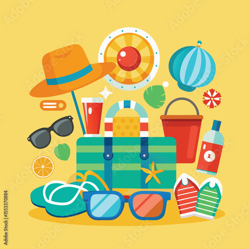 Beach Vacation Essentials Vector in Flat Cartoon Style