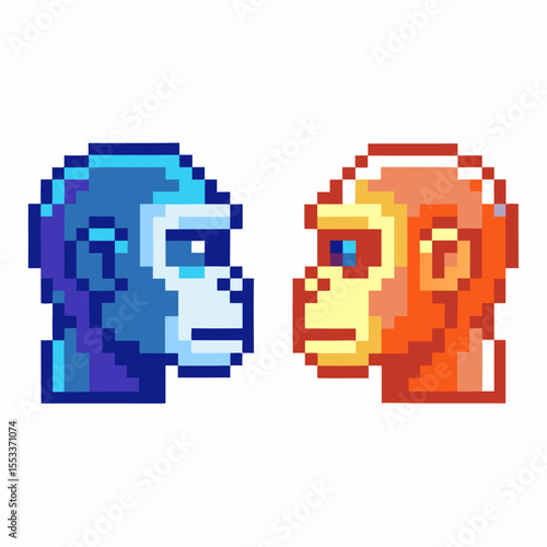 Pixel art blue and orange ape faces staring at each other digital retro pop style, pixelated monkey animal profile illustration