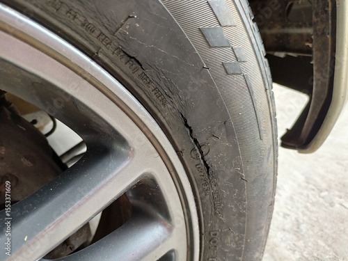 Cracked Car Tire Damage Close-up for Safety Inspection