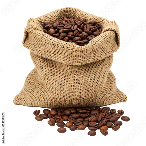roasted coffee beans in a burlap sack on a white background
