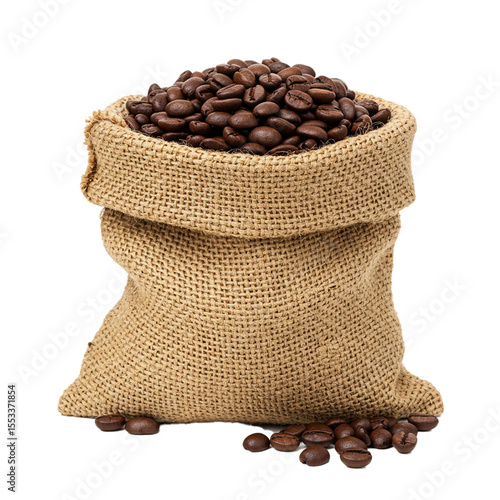 roasted coffee beans in a burlap sack on a white background
