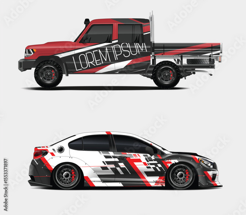 Two stylized vehicles a truck and a sedan with custom graphics and modifications