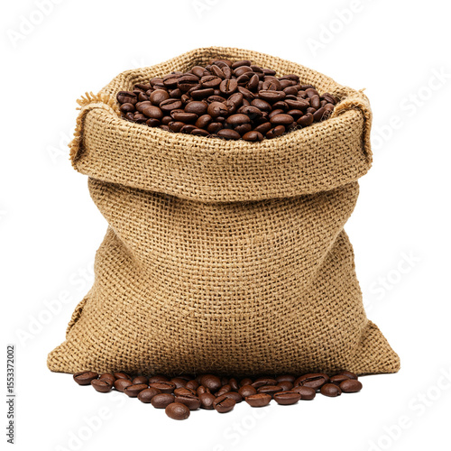 roasted coffee beans in a burlap sack on a white background
