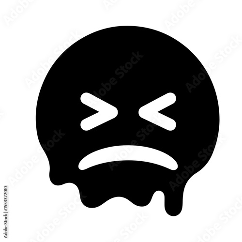 Melting Sad Face Emoticon, Black Vector Illustration