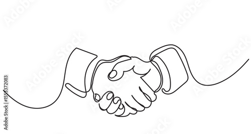 Continuous line drawing of handshake. Symbol of business deal or agreement. Minimalist vector illustration in linear style.One Continuous Line Drawing of Collaboration Icon.