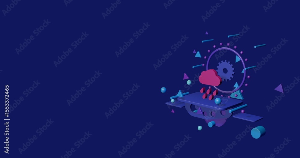 Naklejka premium Pink rain symbol on a pedestal of abstract geometric shapes floating in the air. Abstract concept art with flying shapes on the right. 3d illustration on indigo background