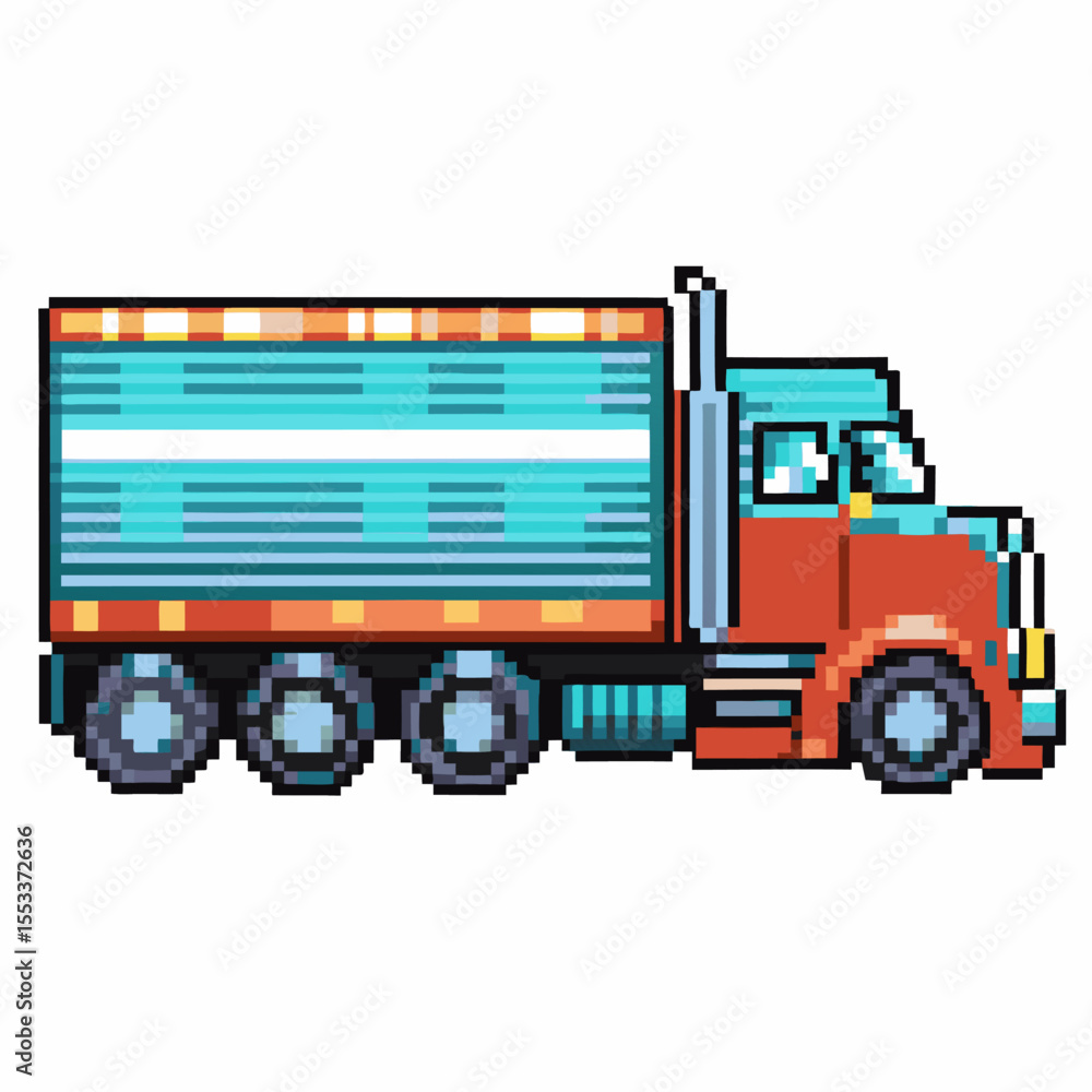 Fototapeta premium Pixel art cargo truck, red and blue commercial transport vehicle classic retro delivery lorry for logistics and shipping illustration