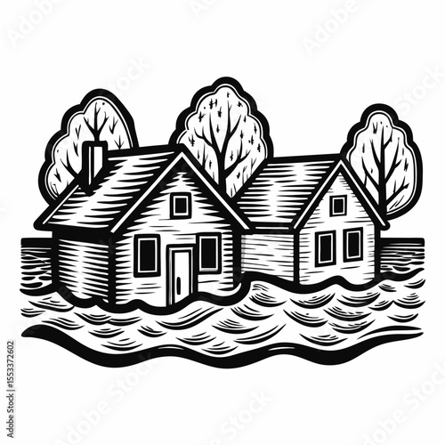 Flooded houses surrounded by trees in monochrome style
