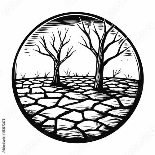 Drought landscape with barren trees and cracked soil in monochrome  