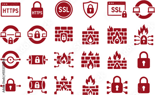 Secure Connection Icons Set Vector Black and White HTTPS SSL VPN Firewall Encryption Illustration
