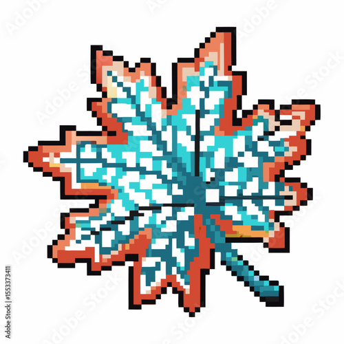 Pixel art winter maple leaf illustration digital icy blue design with frosty veins and geometric retro gaming