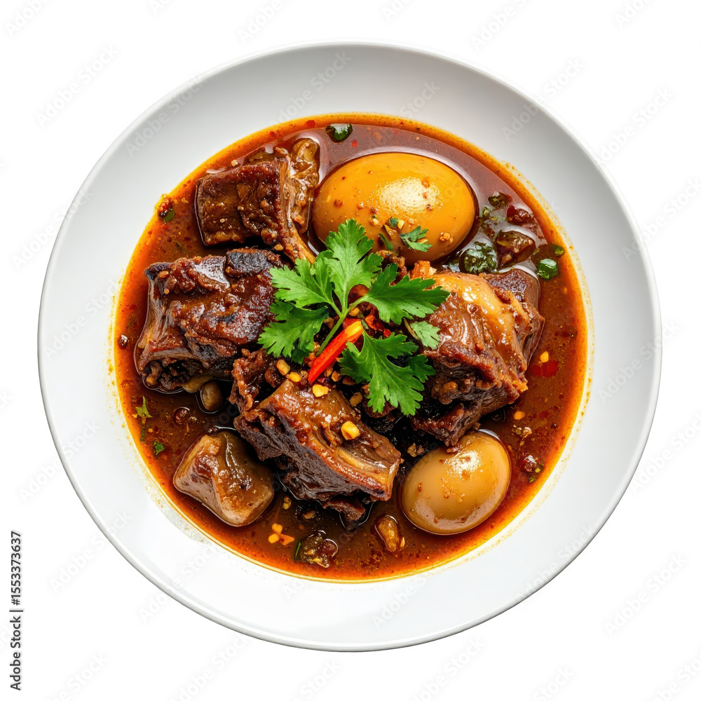 Close Up Food Photography Of Bak Kut Teh Served On A White Plate With Pork Ribs Eggs And Fresh Herbs In A Savory Broth Isolated On A Transparent Background Close Up Food Photography Of Bak Kut Teh Served On A White Plate With Pork Ribs Eggs And Fresh Herbs In A Savory Broth Isolated On A Transparent Background