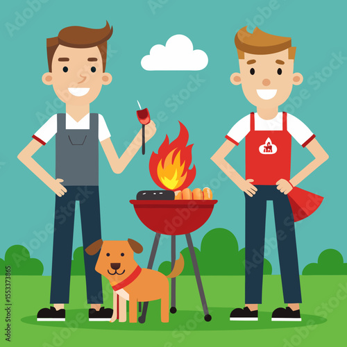 Two smiling men and a dog enjoying a barbecue with sausages and hot dogs