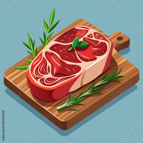 Fresh raw beef steak with rosemary on a wooden cutting board