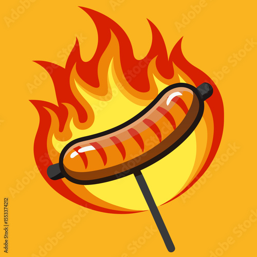 Sausage on a stick cooking over bright orange and yellow flames
