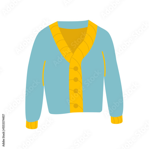 Cozy blue cardigan or sweater. Autumn warm clothes vector