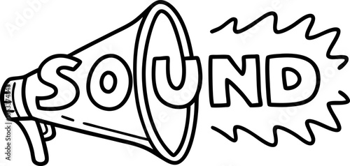 Megaphone amplifying sound, communication concept loudspeaker spreading voice, black and white line art illustration