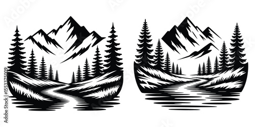 Black and white mountain landscape logo, a split design with pine trees for an outdoor brand on white background