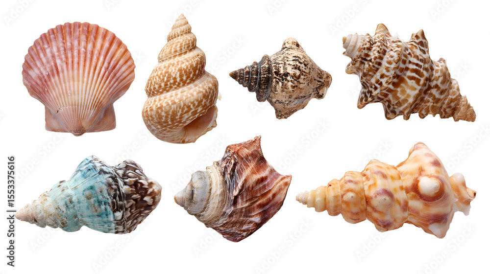 Seashells Collection Diverse Ocean Treasures, Spiral and Scallop Shapes Seashells Collection Diverse Ocean Treasures, Spiral and Scallop Shapes