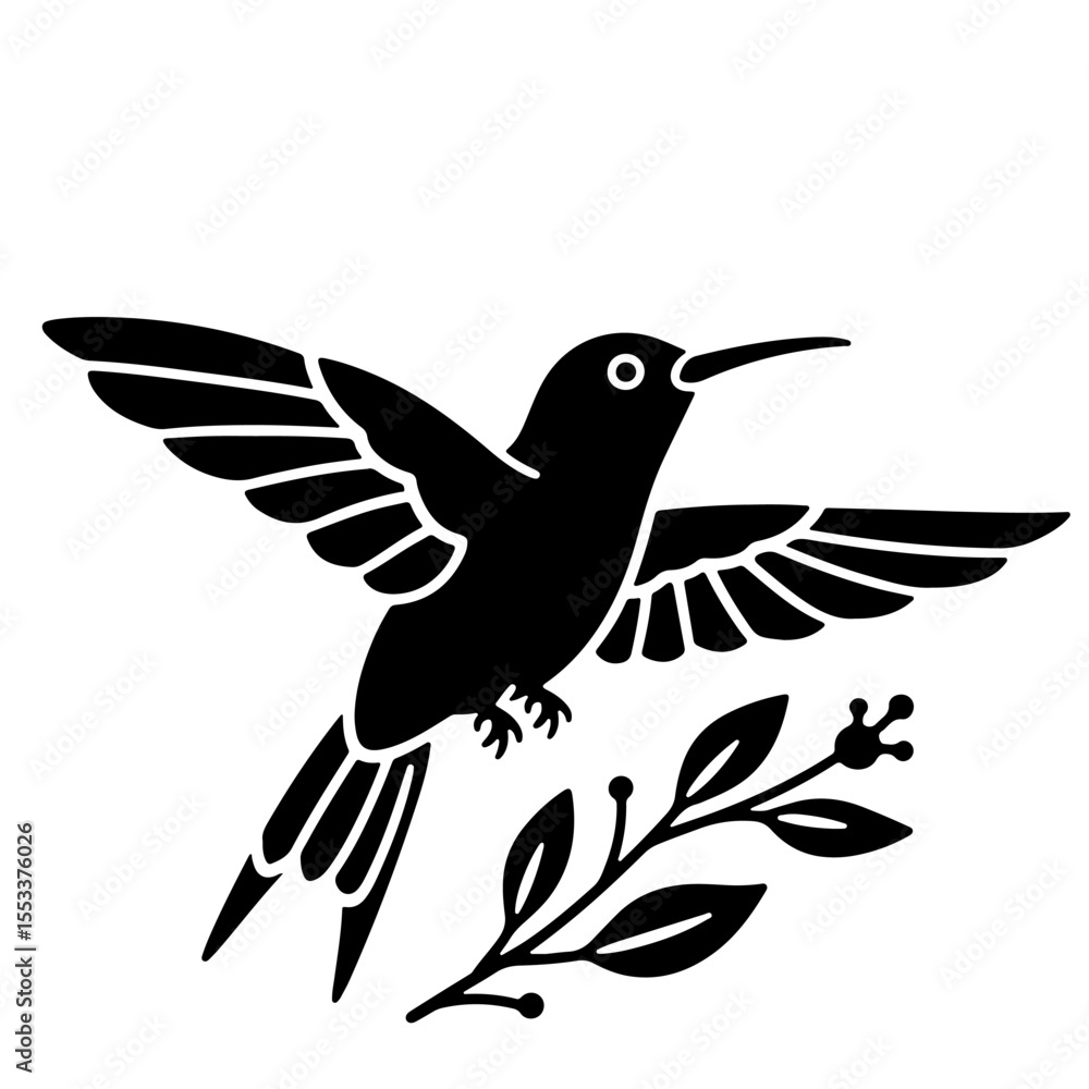 Fototapeta premium Black Hummingbird with Branch, Vector Illustration, Silhouette Design