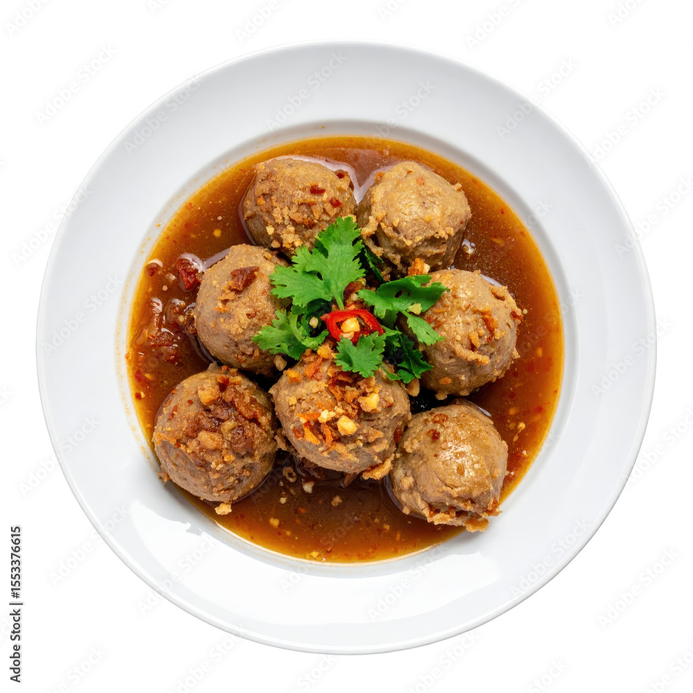 Overhead View of Indonesian Bakso Meatballs in Savory Broth Garnished with Coriander and Chili on White Plate Overhead View of Indonesian Bakso Meatballs in Savory Broth Garnished with Coriander and Chili on White Plate