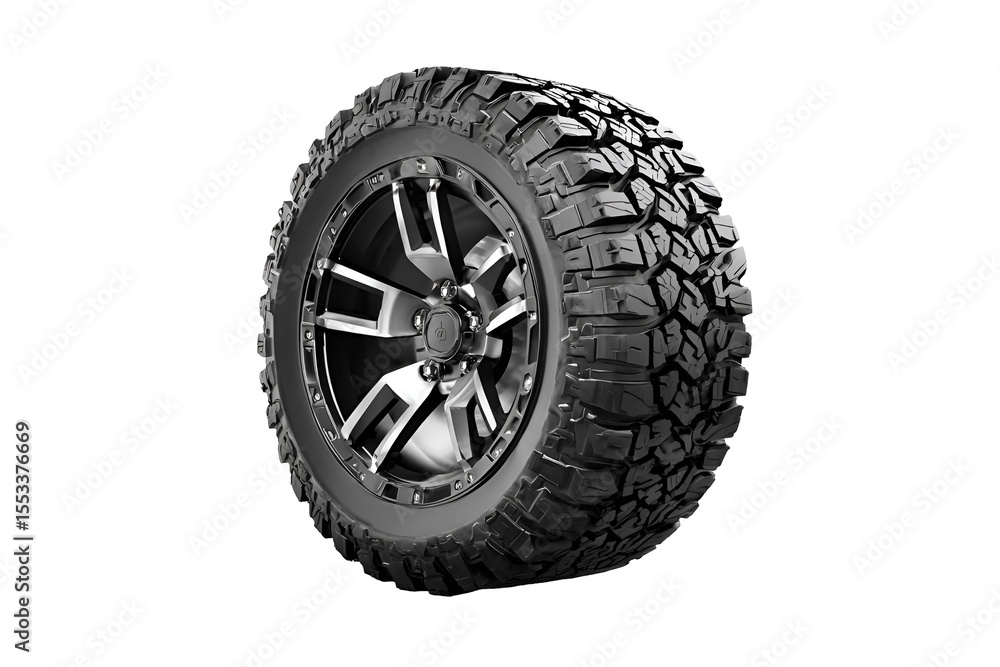Obraz premium Black OffRoad Tire and Wheel, Aggressive Tread, AllTerrain, 3D Render, Rugged, Durable, Powerful, Ve