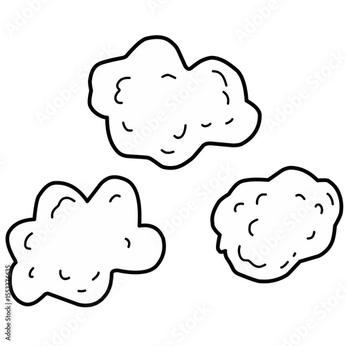 Hand-drawn outline of three popcorn kernels in a cartoon style. Suitable for coloring pages, food-themed icons, or decorative patterns.