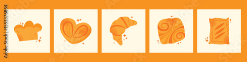 Set of various baked goods croissant, loaf, pretzel, bun, baguette, roll, danish pastry, and donut isolated on light background. Flat vector illustration. Bakery and food concept cooking pastry