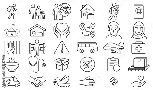 Comprehensive outline icon set representing humanitarian aid international migration refugee crisis and social issues