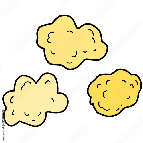 Hand-drawn outline of three yellow popcorn kernels in a cartoon style. Suitable for coloring pages, food-themed icons, or decorative patterns.