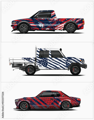 Three American Flag Themed Vehicle Designs on a White Background