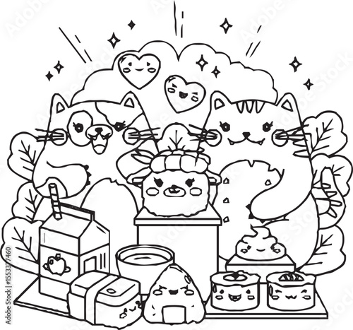 A fun and whimsical black and white doodle artwork showing a group of cute cartoon characters, including a smiling star, a frog, a flower, and other imaginative creatures.