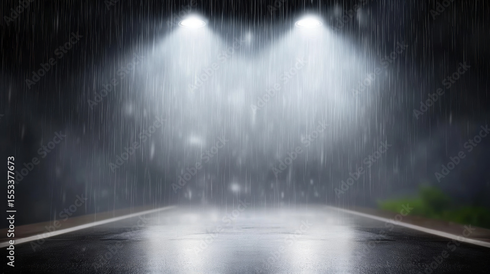 Obraz premium Rainy night scene with two bright streetlights illuminating wet road, creating reflections on surface. atmosphere is moody and serene, with blurred raindrops and misty background