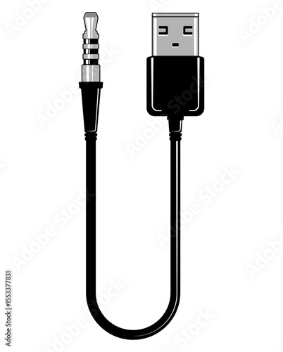 Minimalistic illustration of USB to 3.5mm audio cable for headphones, isolated without background. Ideal for tech, sound devices, and electronic design.