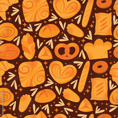 Seamless pattern baked goods croissant, loaf, pretzel, bun, baguette, roll, danish pastry, and donut isolated on dark background. Flat vector illustration. Bakery and food concept cooking pastry