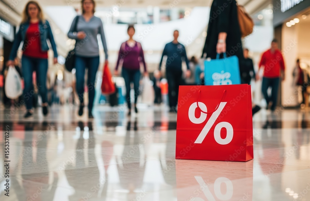 Fototapeta premium Retail Scene With Bright Red Shopping Bag Marked With Sale Symbol Highlights Shopping Experience As Crowd Of Buyers Moves In Background