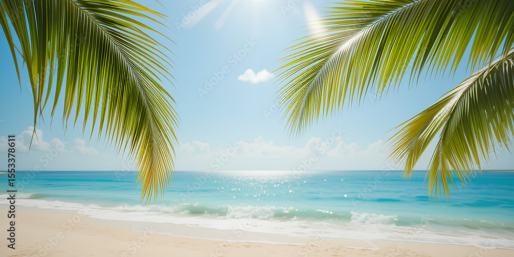 Fototapeta premium Sunny Tropical Beach Escape with Palm Trees – A Perfect Summer Vacation