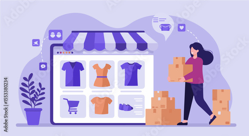 E-commerce Online Store Management and Order Fulfillment. Illustration: an online clothing store with a woman managing delivery boxes, surrounded by icons for reviews, likes, and digital interactions.