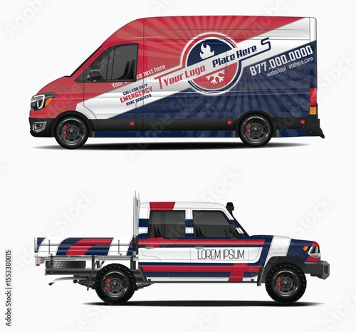 HVAC Service Vehicle Mockups with Red White and Blue Graphics