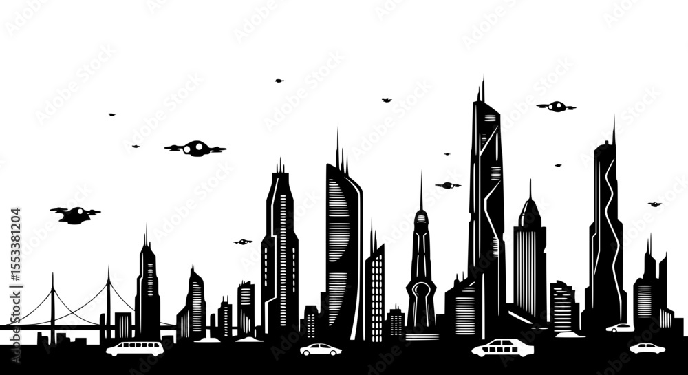 Fototapeta premium Futuristic Cityscape Silhouette with Flying Vehicles and Modern Architecture
