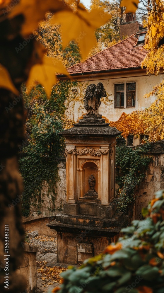 Fototapeta premium Autumnal Courtyard with Angel Statue and Historic Building