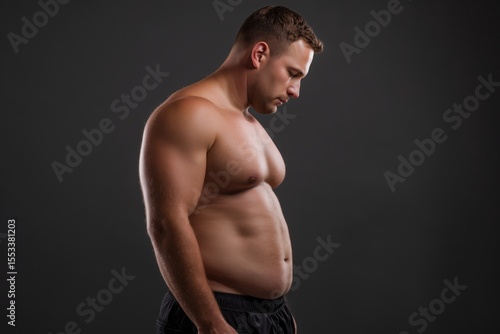 A muscular man, showing his belly and waistline after weight loss on a black background