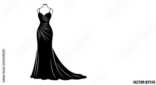 Elegant Black Evening Gown with Draped Bodice and Train on a Mannequin Sketch Detailed Fashion Illustration