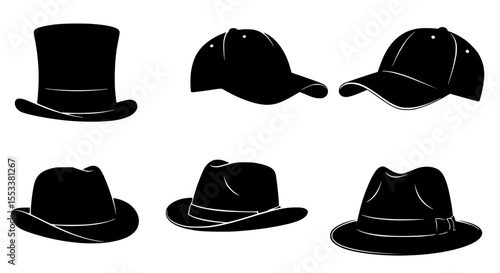A Collection of Iconic Headwear Styles Including Top Hats Fedoras and Baseball Caps Depicting Diverse Fashion and Functional Choices for Personal Expression and Sun Protection