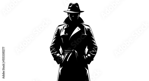 Shadowy Figure in Trench Coat and Fedora Mysterious Man Noir Silhouette Concept