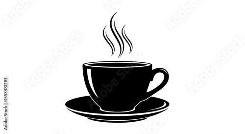 A Steaming Hot Cup of Coffee on a Saucer Featuring a Black Silhouette and Wisps of Steam Indicating Warmth and Comfort on a White Background