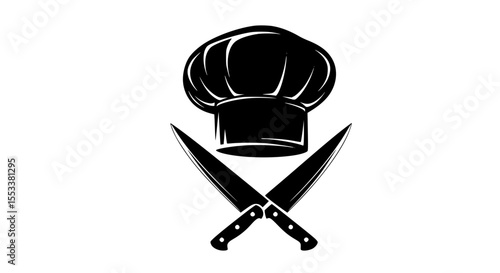 Icon of a chef hat crossed with two knives creating a culinary emblem suitable for restaurants food blogs or cooking competitions