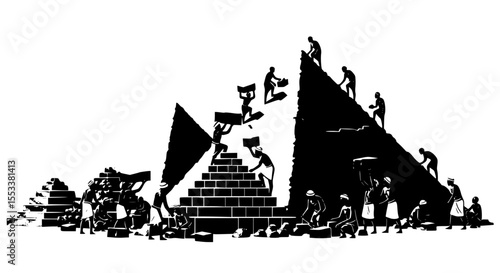 Ancient civilization constructing massive pyramids with intricate stone blocks and human labor showcasing architectural prowess and historical engineering achievements of early builders.