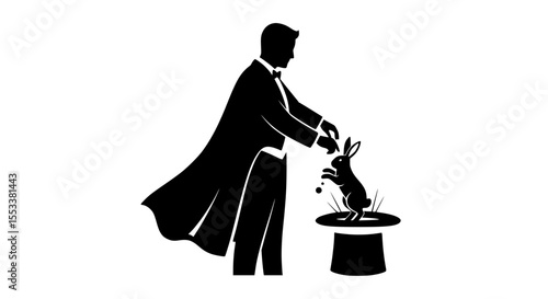 A magician in a tuxedo and cape pulls a rabbit out of a hat performing a classic illusion for an audience during a live performance showcasing theatrical entertainment and stagecraft